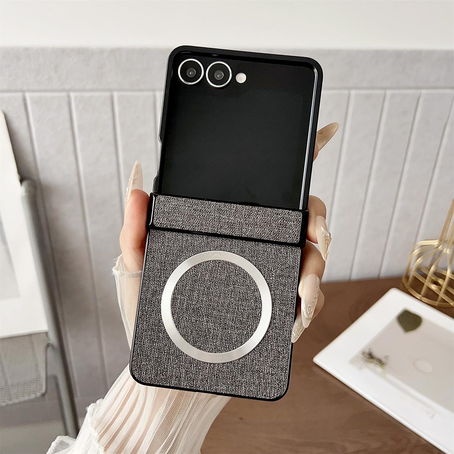 

For Samsung Galaxy Z Flip7 5G Case Compatible with MagSafe Cloth Texture PU Leather+PC Phone Back Cover Grey
