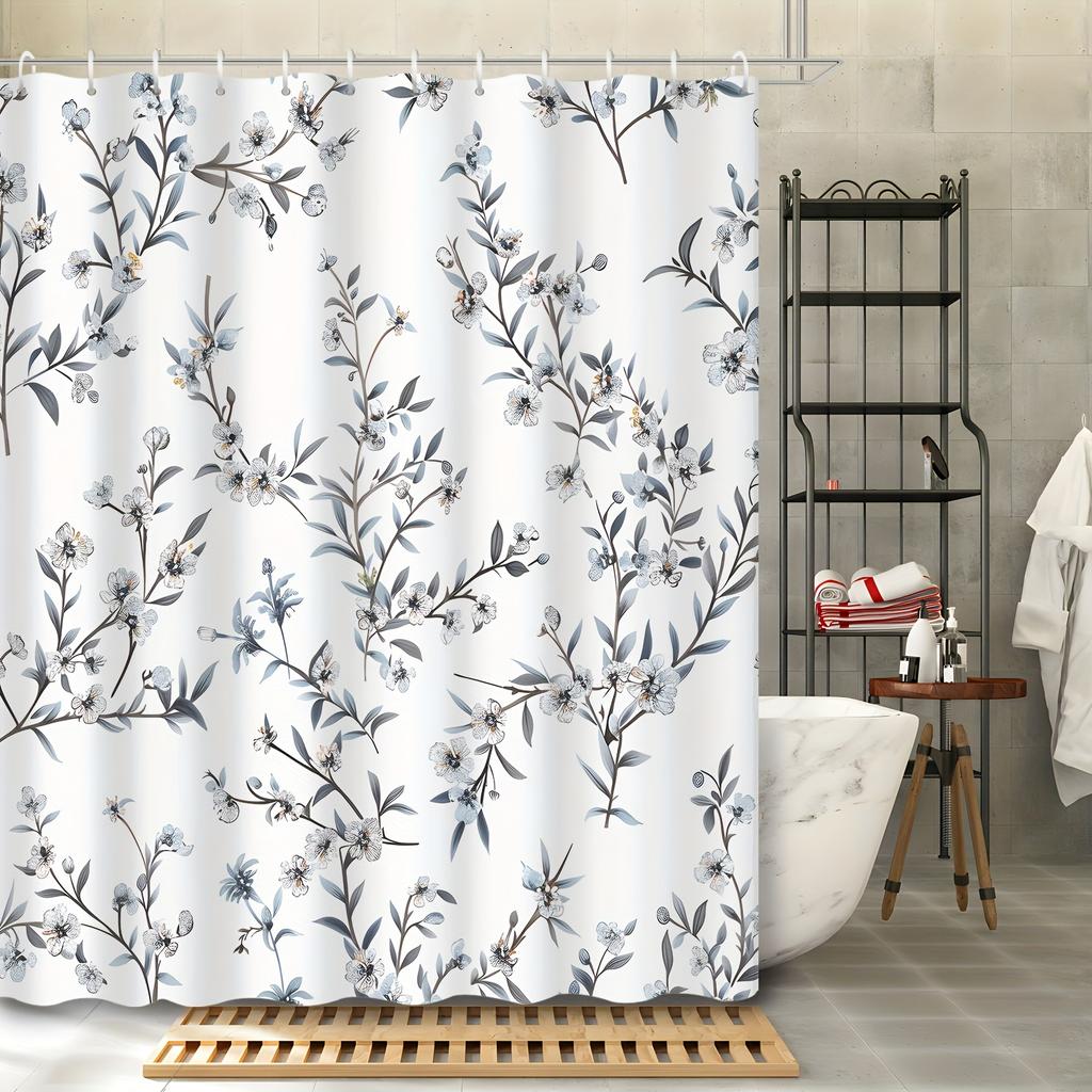Water-Resistant Floral Curtain - Machine Washable, Hooks & Grommets, Woven Polyester, Unlined Bath Decor