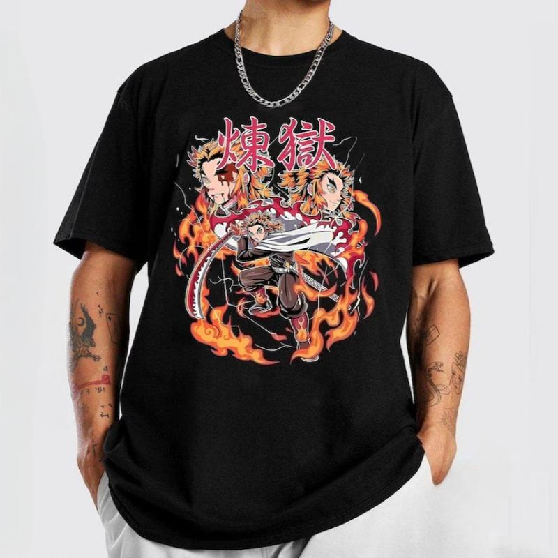 Anime Demon Slayer Rengoku Kyojuro T Shirt Summer Cotton Unisex Women Streetwear Casual Trendy Short Sleeve Hip Hop Oversized Tops