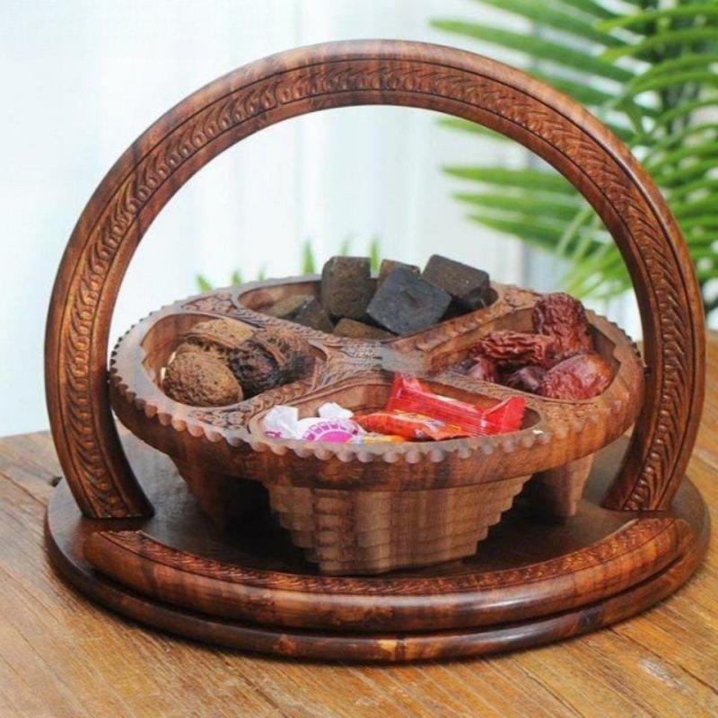 Blue Wooden Geometric Fruit Basket: Walnut Wood, Pakistani Dried Fruit, Free Shipping - Chinese Style
