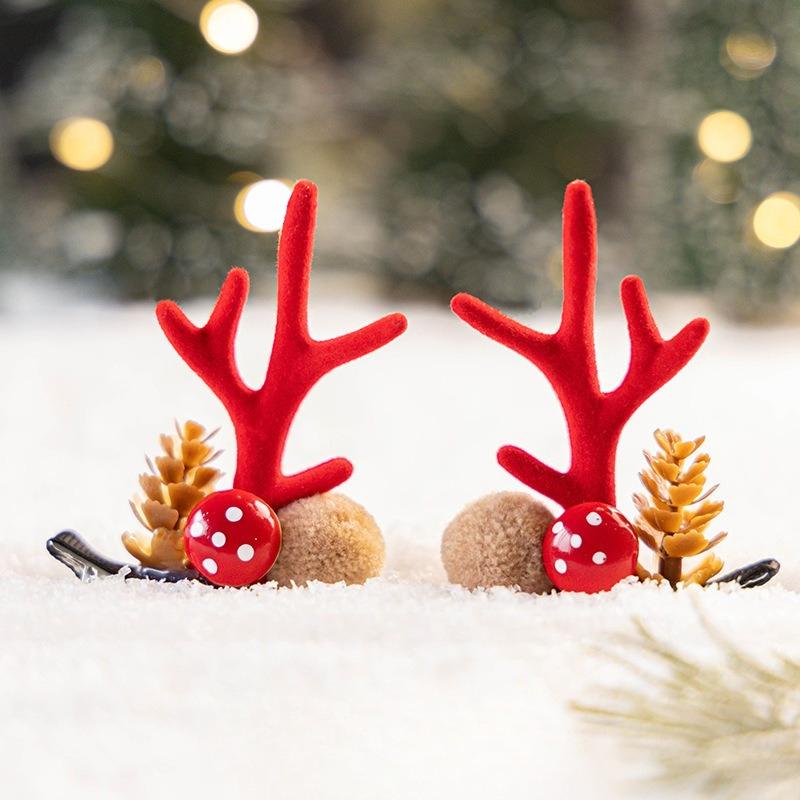 Reindeer Antler Hair Clips with Pom-Poms and Ears-Festive Christmas Hair Accessories for Women, Ideal for Seasonal Celebrations