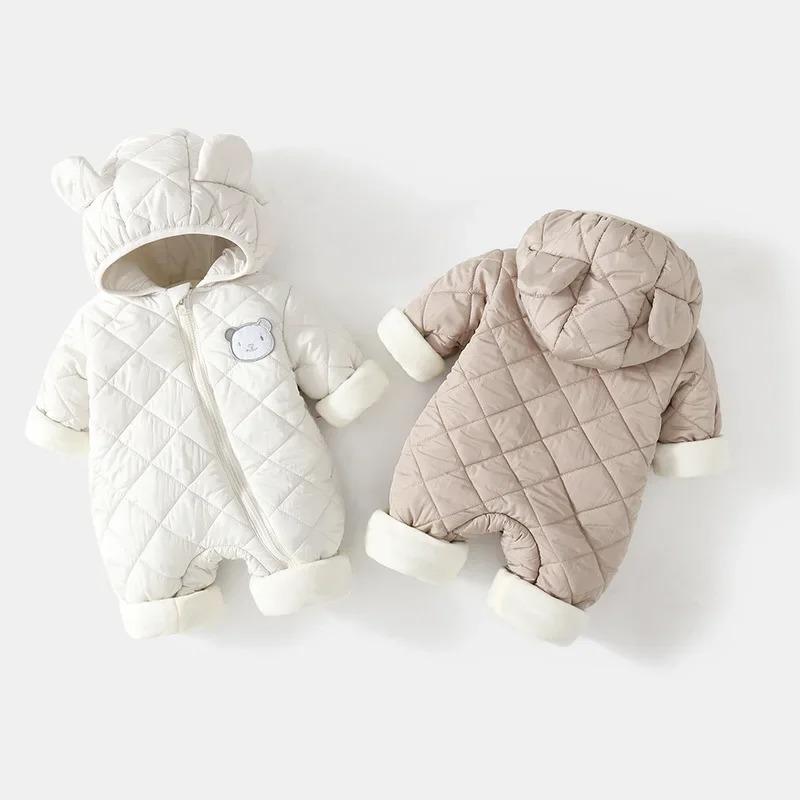 Winter Baby Bodysuit Solid Bear Ear Hooded Thickened Warm Newborn Jumpsuit Soft Toddler One-Piece Outfit