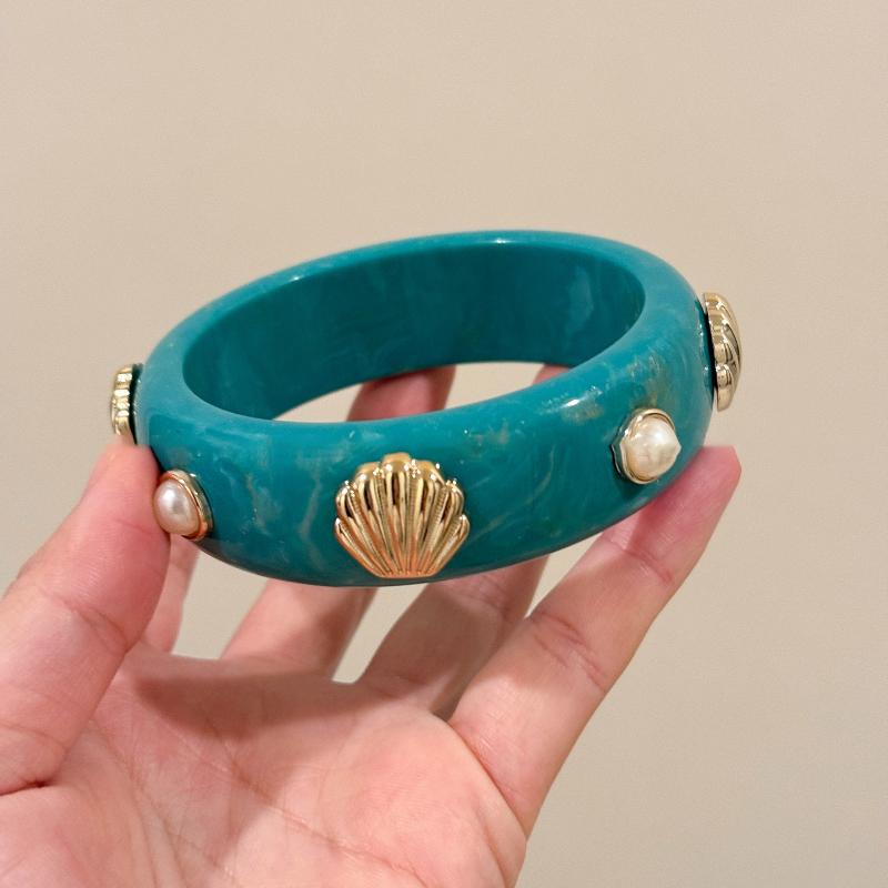 Pearl & Seashell Embedded Cuff Bangles - Ocean Theme Boho Resin Bracelet Trendy Stackable Bracelets for Women