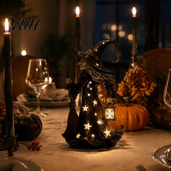 Seasonal Home Entrance Decor Halloween Witch Figurine with Star Light, Resin Tabletop Nightlight Lantern, Handcrafted Holiday Table Centerpiece Wizard