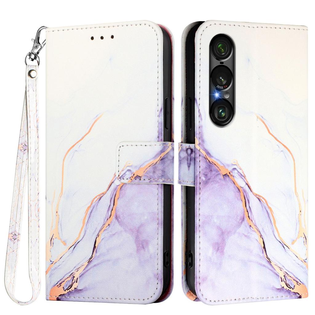 For Sony Xperia 1 VII Case with Strap Marble Pattern Leather Phone Cover Card Holder