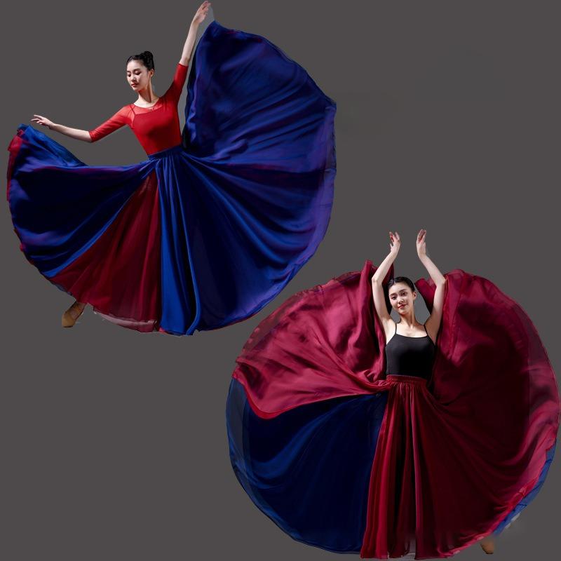 Women Classical Half Skirt Modern Dance Training Skirt Elegant Double ChiffonPerformance Swing Ethereal 720 Degree S