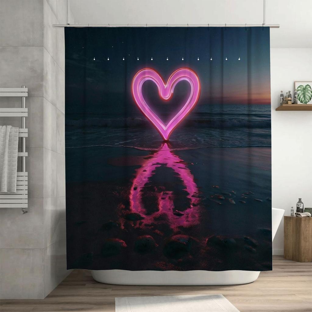 3D Neon Heart Beach Shower Curtain | Romantic and Modern Bathroom Decor