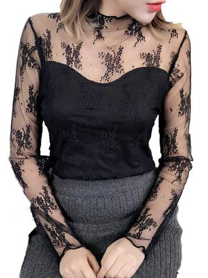 Azulte Lace Long Floral High All Size Black Women's Underwear, Sleeve, Print, Elegant, Layering, Sheer, Sheer, Black, Tulle, Neck, Lace, 70,