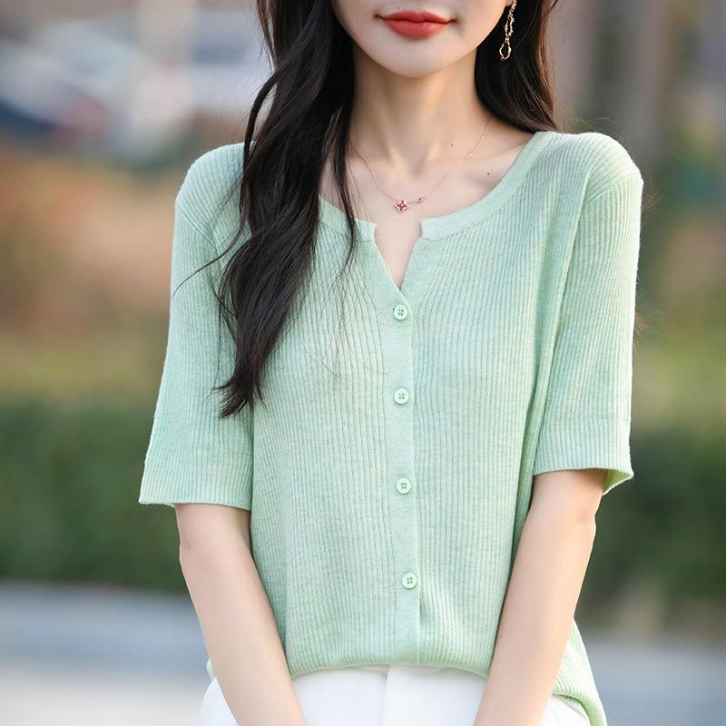 Damen Frühling und Sommer Neu Dünn Kurzarm Kammgarn Weich Strick Cardigan T-Shirt Offener Kragen Kleine Bluse