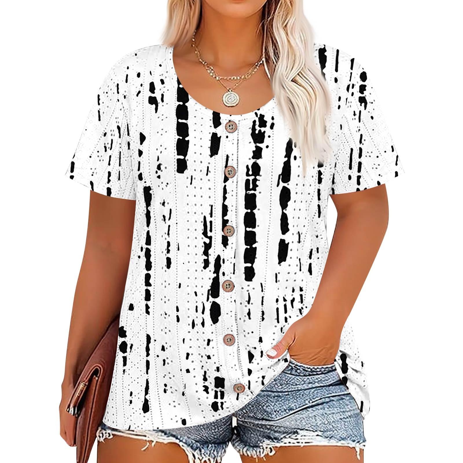 

Женская мода больших размеров Повседневный винтажный топ-футболка с принтом, круглым вырезом, коротким рукавом и пуговицами L