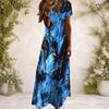 Women Plus Size V Neck Short Sleeve Blue Printed Long Straight Dress