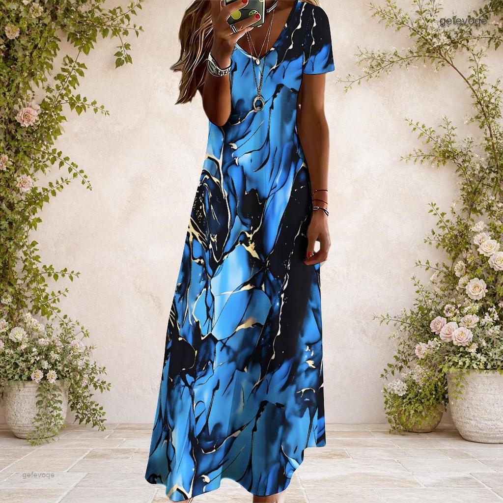 Women Plus Size V Neck Short Sleeve Blue Printed Long Straight Dress