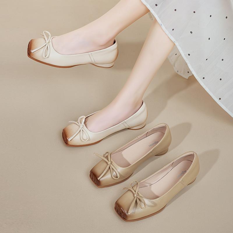 Augustine French square head single shoes women's 2025 new summer wear bow low heel Mary Jane small leather shoes