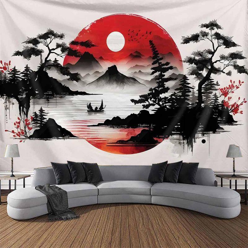 Japanese Ink Mountain Pagoda Tapestry, Oriental Ukiyo-e Zen Wall Hanging for Bedroom Living Room Aesthetic Wall Art 100X70CM