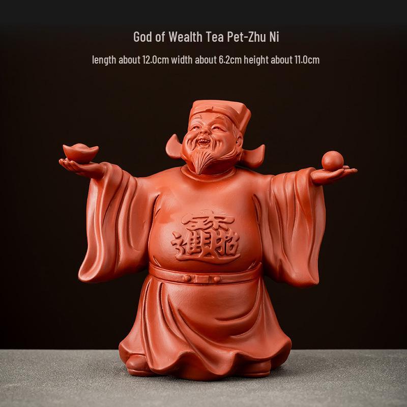 Zisha God of Wealth Tea Pet Figurine - Attracts Wealth & Treasure, Decorates Tea Table, and Grows with Tea; Includes Lid Holder Accessory