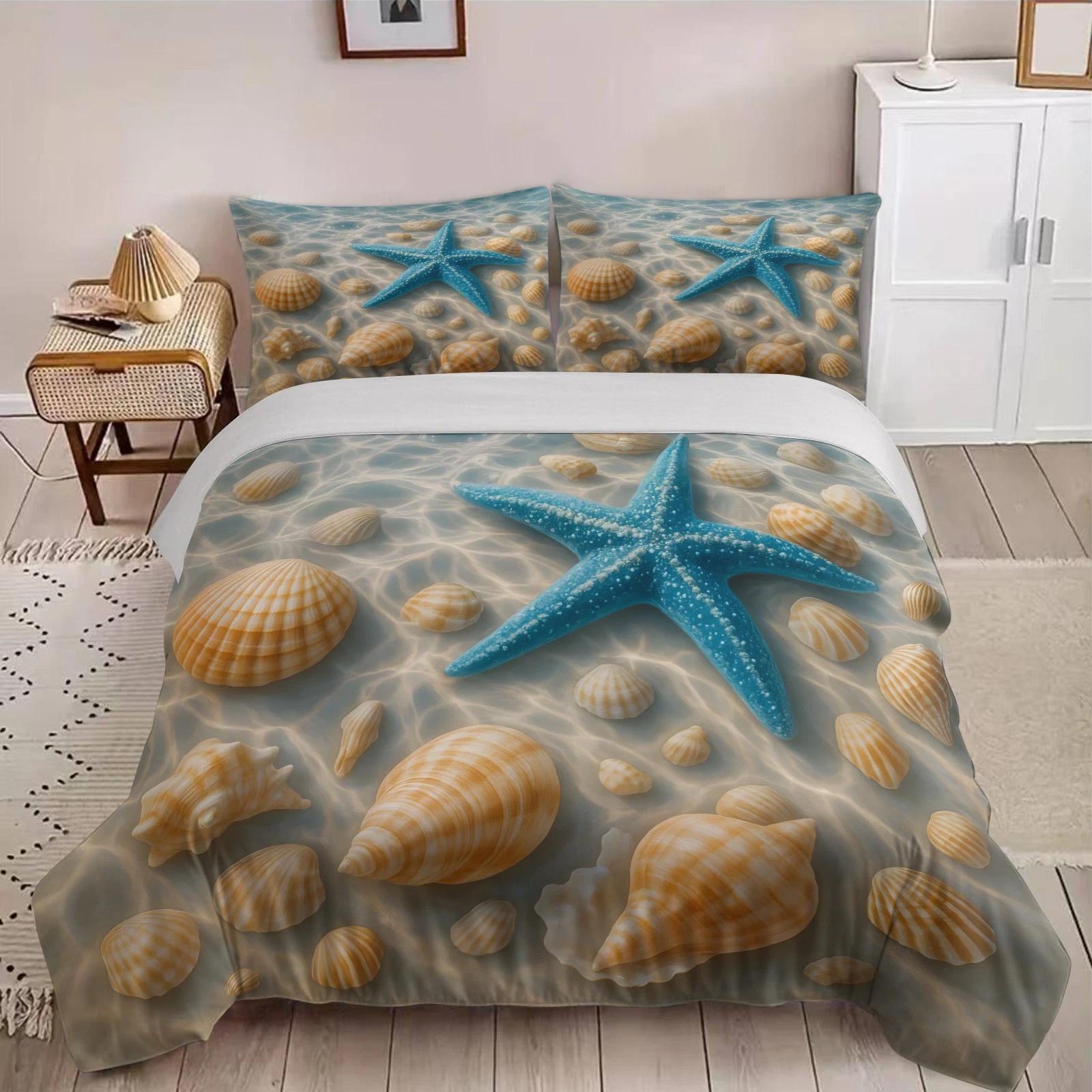 

Starfish & Seashell Bedding Set Full Size Seaside Pattern Duvet Cover and Pillowcase 2/3pc Queen Double Bedroom Home Decoration Gift Baby 100x135cm