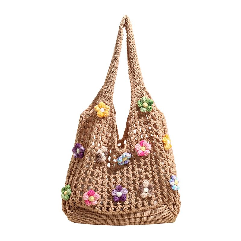 Summer Woven Woven Crochet Mesh Women's Tote Bags Hot Sale Youth Beach Casual Handbag 3D Flower Decoration Handmade Shoulder Bag