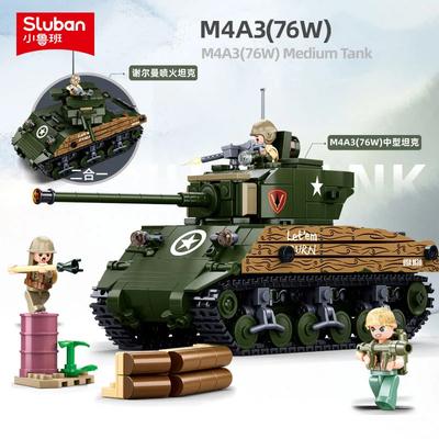 Sluban 715 Teile M4A3 mittlerer Panzer Modellbausteine Zweiter Weltkrieg Klassischer Armee gepanzerter Panzer Figur Bausteine Set DIY Spielzeug für Kinder Geschenke