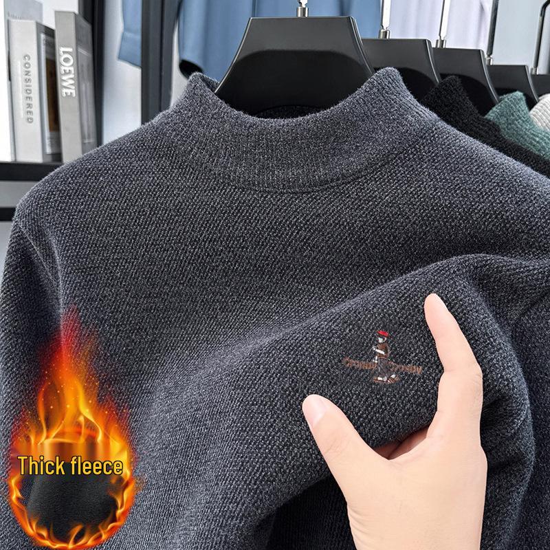 Men's Fleece-Lined Half-High Neck Knitted Sweater - Warm Embroidered Autumn/Winter Base Layer