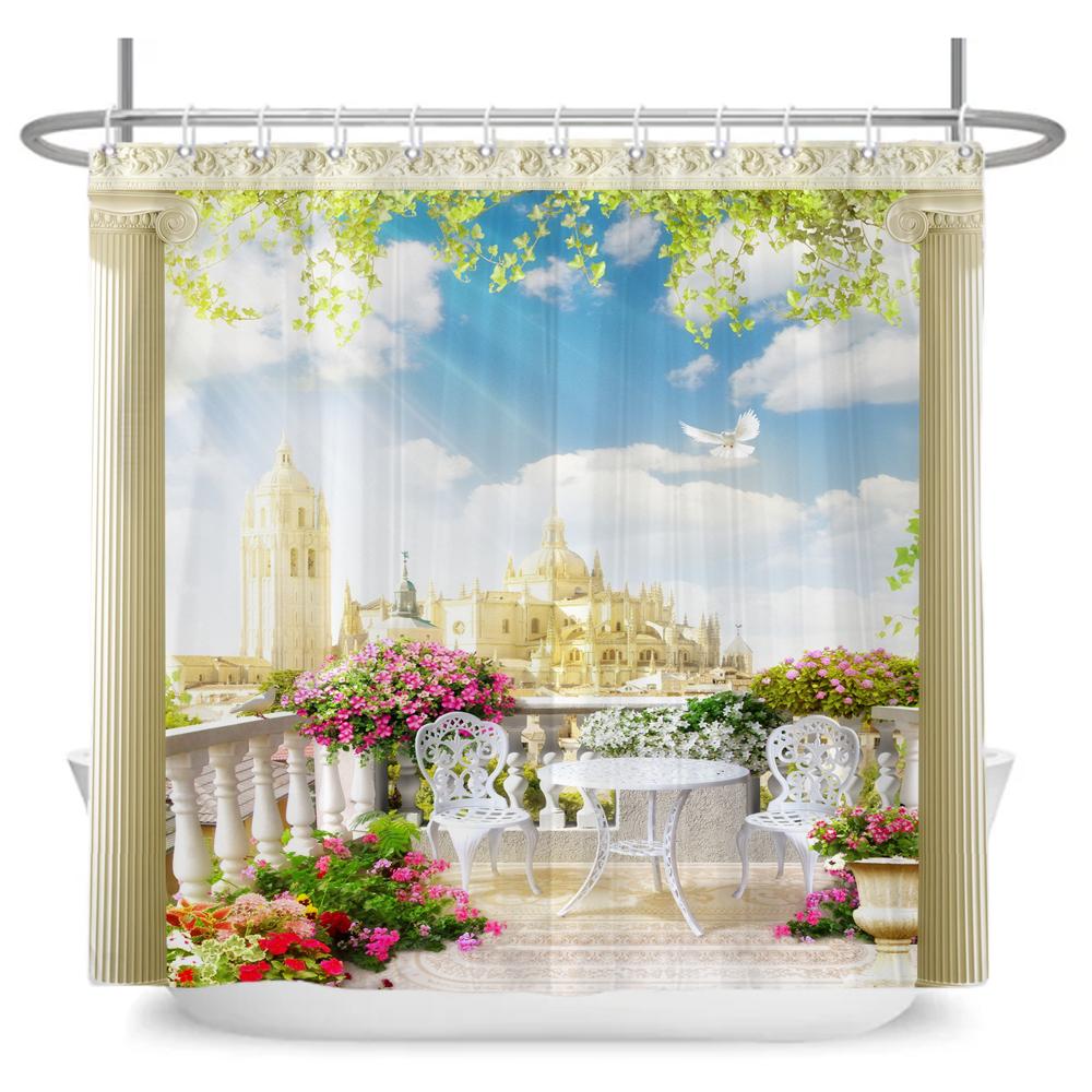 Beautiful Seaside Garden 3D Print Shower Curtain Rural Flower Scenery Bathroom Waterproof Bathtub Curtain Home Decor With Hooks