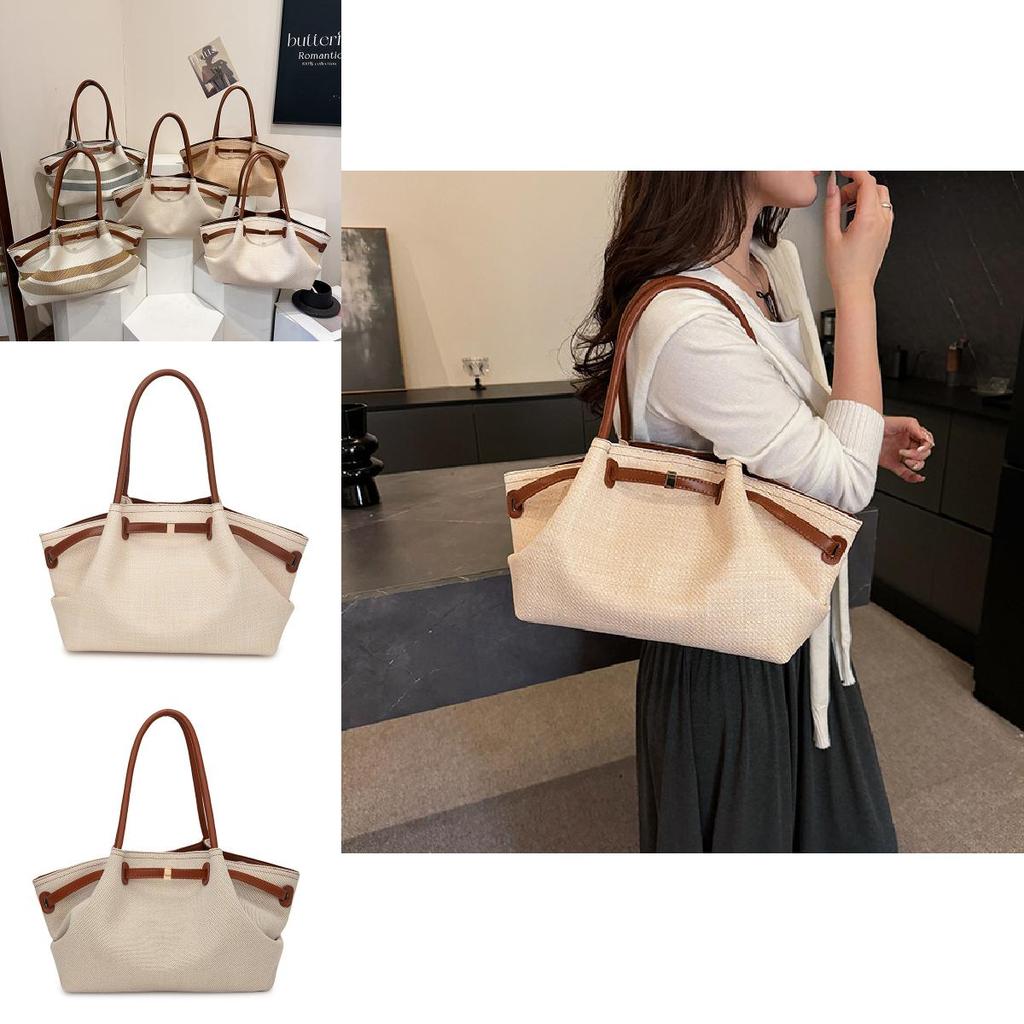 Lerretspose for kvinner, stor kapasitet, sommer, uformell stil, ensfarget, plissert design