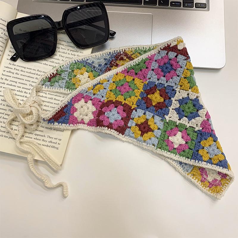 Spring and Autumn Sweet and Cute Wind Handmade Knitted Headband Female Personality Crochet Literary Style Triangle Scarf Headscarf