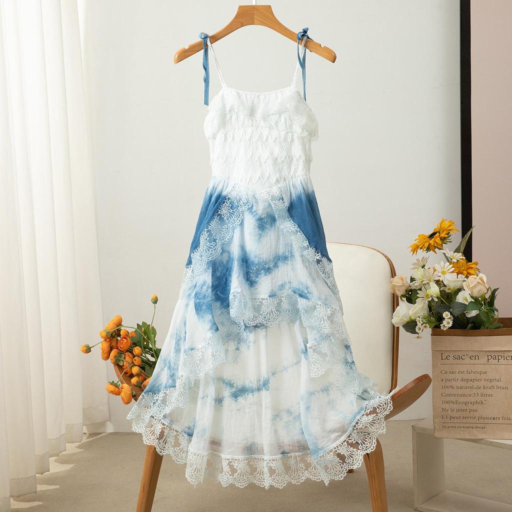 Yunnan Dali Tie-Dye Lace Camisole Dress - Women's Summer Layered High-Low Skirt