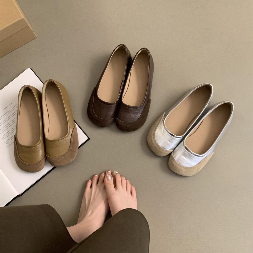 Retro round head shallow mouth single shoes women's spring and autumn new Korean version French evening breeze flat bottom one pedal casual Doudou sh