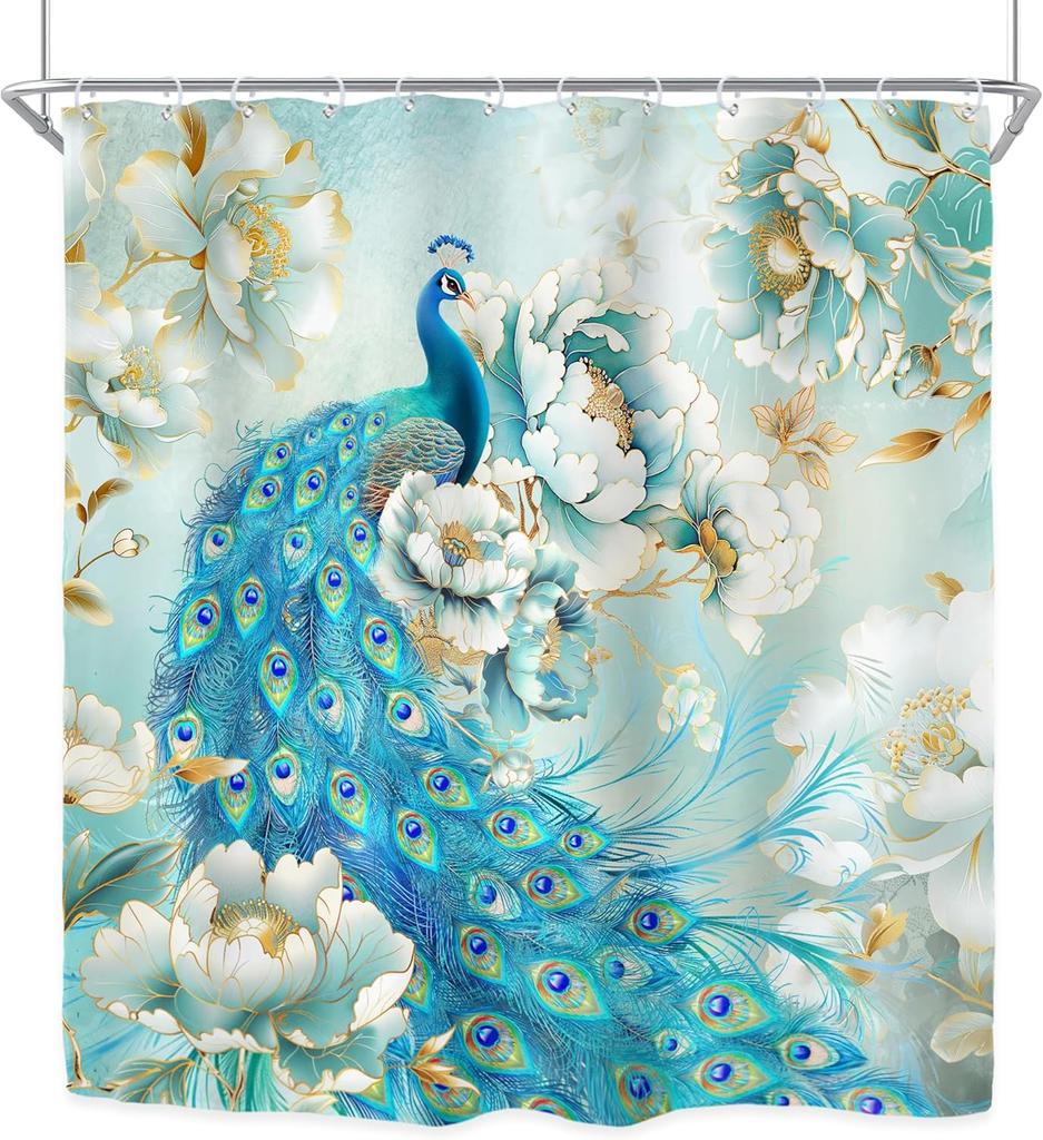 Peacock Floral Shower Curtain for Bathroom Decor 72Wx84H Extra Long Morden Teal Flowers White Gold Peony Rose Elegant