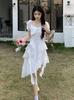 White square neck bubble sleeve dress summer female French temperament waist thin irregular ruffle edge first love dress