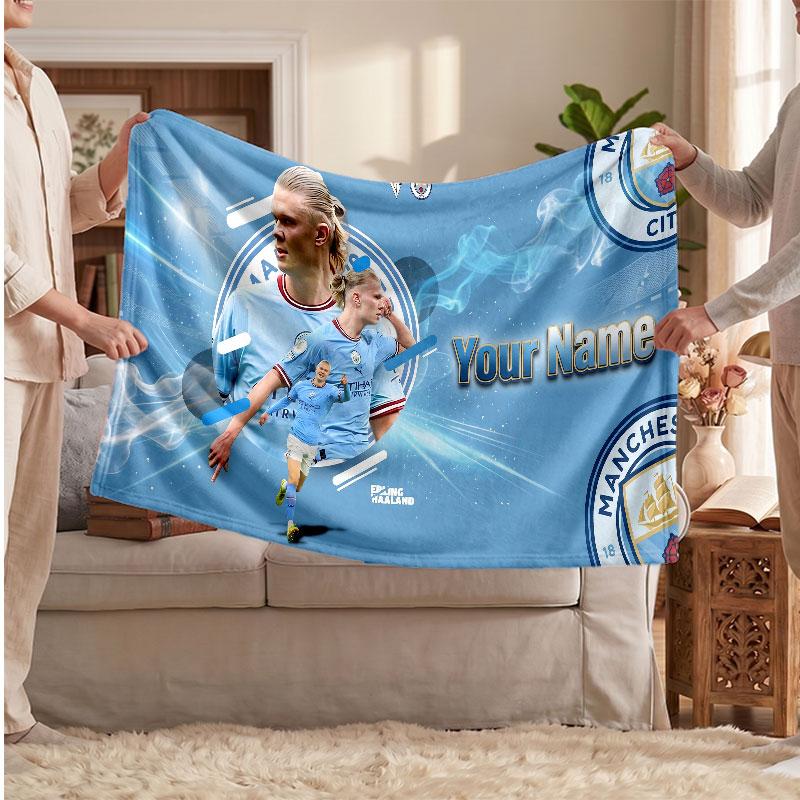 Erling Haaland Personalisierte Fleecedecke Mit Fußballlogo, Individueller Name Text Weich Warm Wohnzimmer Überwurfdecke