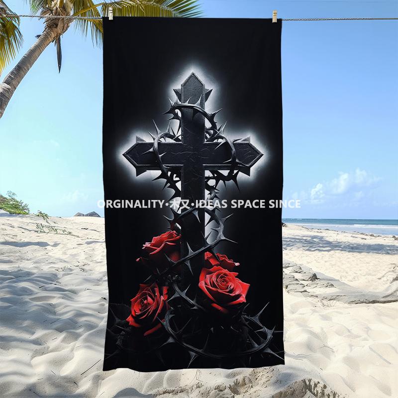 Gothic Thorn Rose Cross Beach Towel Patterned Sunscreen And Windproof Suitable For Swimming Pool Camping Travel Blanket