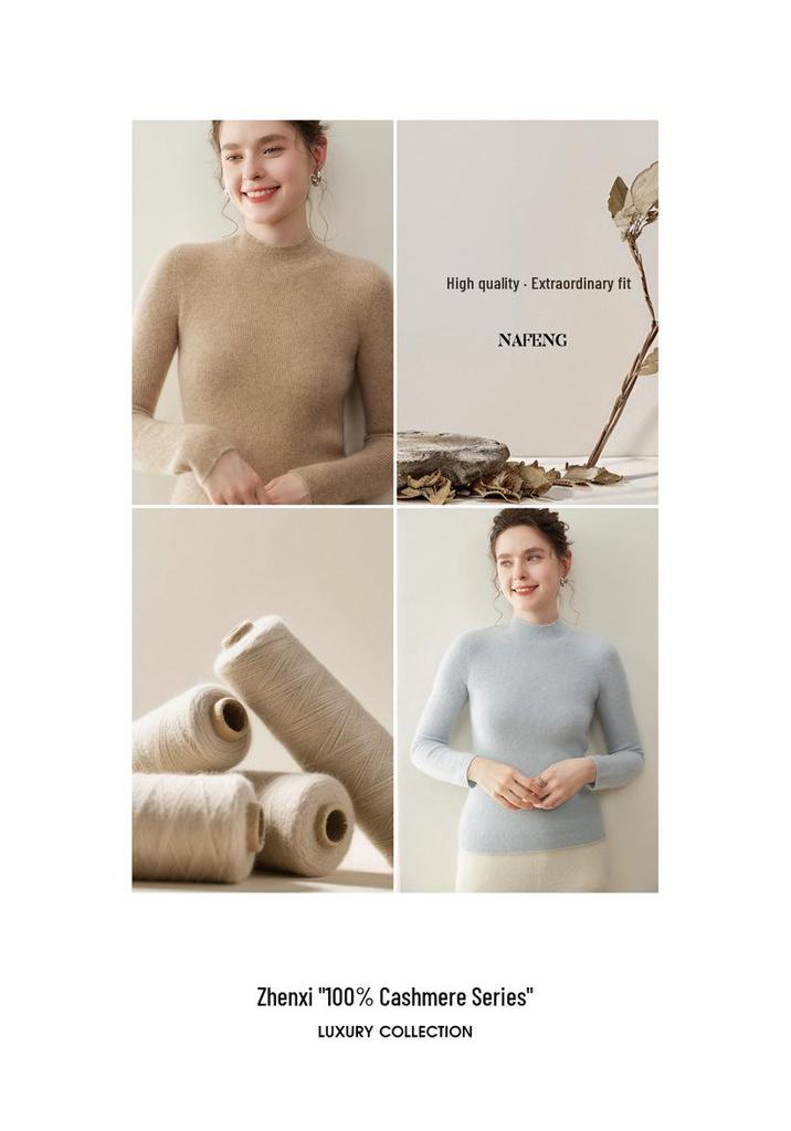 Classic Women's Cashmere Knit Pullover: Striped Half-High Collar, Solid Color, Autumn/Winter Commute Sweater