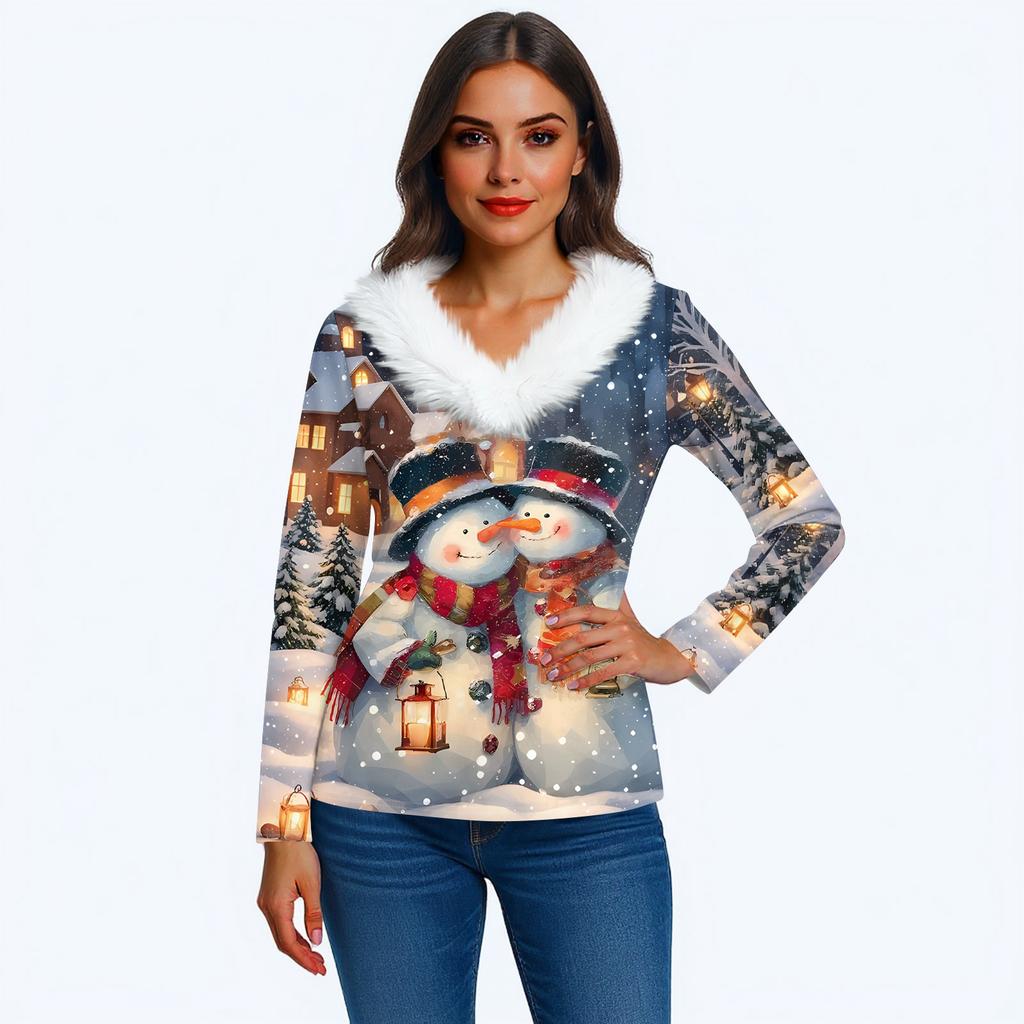 Women's T Shirt Tee Christmas Print Shirt Long Sleeve Party Christmas Fleece Collar V Neck  Top