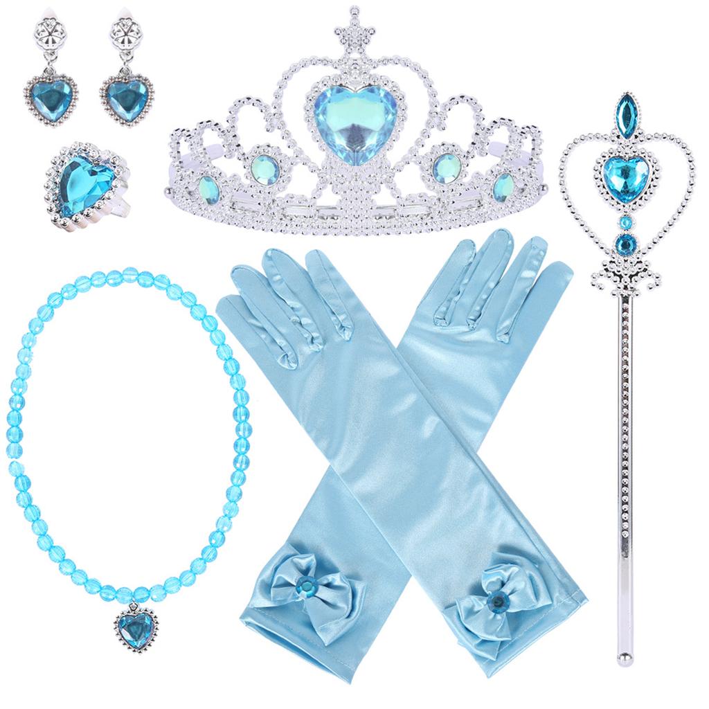 6Pcs Elsa Princess Accessories Girls Crown Gloves Wand Jewelry Set Necklace Kids Princess Queen Dress Clothing Cosplay Dress UP