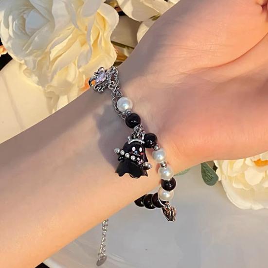 Women Bracelet Cartoon Ghost Pendant Imitation Pearls Color Matching Adjustable with Extended Chain Halloween Gift Wrist Jewelry