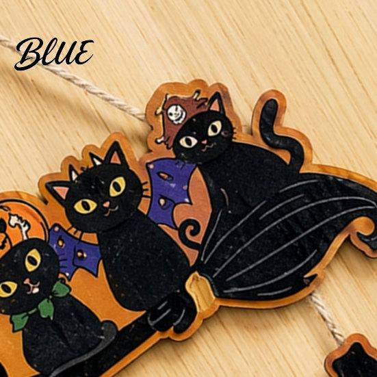 Natural Wood Halloween Decor Wooden Door Sign, Black Cats Broom Front Hanger, Rustic Multi-layer Polished Sign Hanging Welcome for Home Window