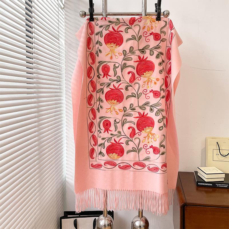 Autumn And Winter Contrasting Colors Pomegranate Leaves Embroidered Double-Sided Warm Scarf Women'S Ethnic Style Travel Shawl