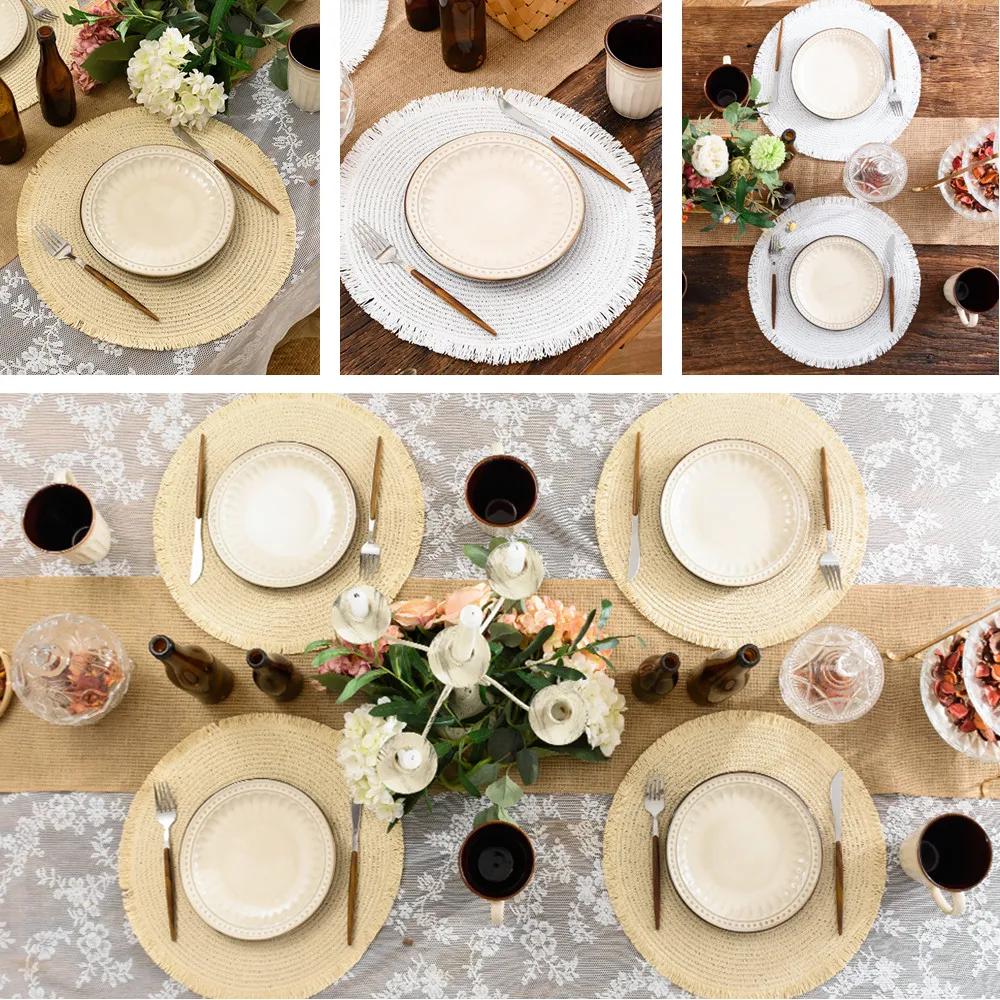 Set of 4 Braided Cotton Placemats with Coasters Washable Heat Resistant Mats Boho Woven Table Mats for Christmas Dining Table