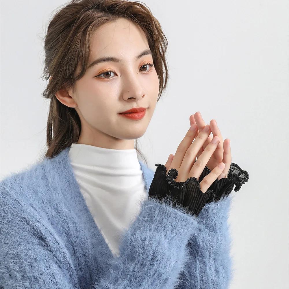 Whhite Detachable Sleeves Cuffs for Women Layer Ruffles Fake Sleeves Elastic Wrist Pleated Wristband False Cuff  Wrist Warmers