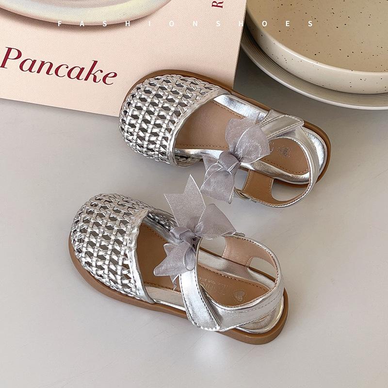 Summer Girls Closed Toe Woven Bird Nest Sandals Hollow Bow Decor Kids Beach Shoes