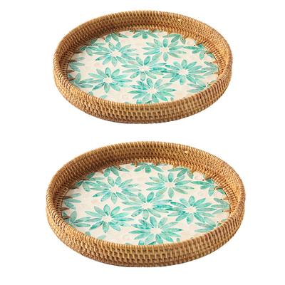 2pcs Handmade Rattan Tray Colorful Shell Fruit Plate Household Coffee Table Storage Tray Bread