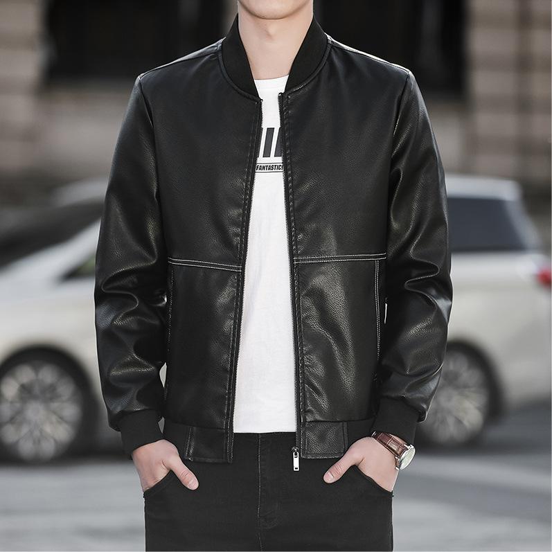 Spring and Autumn New Style Baseball Collar Leather Jacket Men's Slim Handsome Jacket Youth Motorcycle Stand Collar Leather Jacket