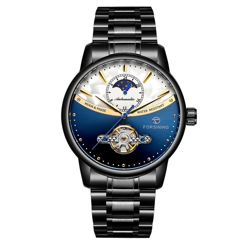 FORSINING Men's Moon Phase Tourbillon Watch Luxury Self-wind Mechanical Automatic Waterproof Retro Watches Stainless Steel Band Wristwatch