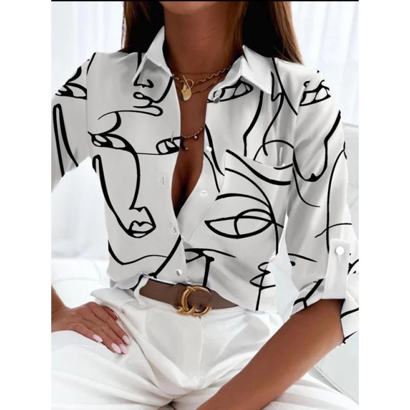 1116 European and American women's spring and autumn tops, long-sleeved shirts, printed shirts, women