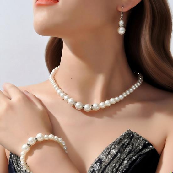 1 Set Faux Pearl Jewelry Women Necklace Bracelet And Drop Earrings Set Elegant White Faux Pearl Jewelry Set for Party Wedding Engagement