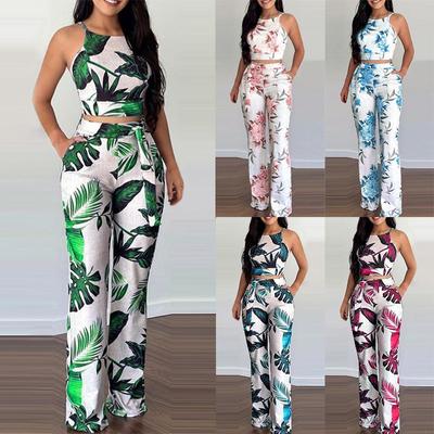 Lässiges Sommer-Zweiteiler-Set für Damen, Strand-Outfits, Crop-Top mit tropischem Blatt-Print und weites Bein-Hosen-Set mit Blumendruck