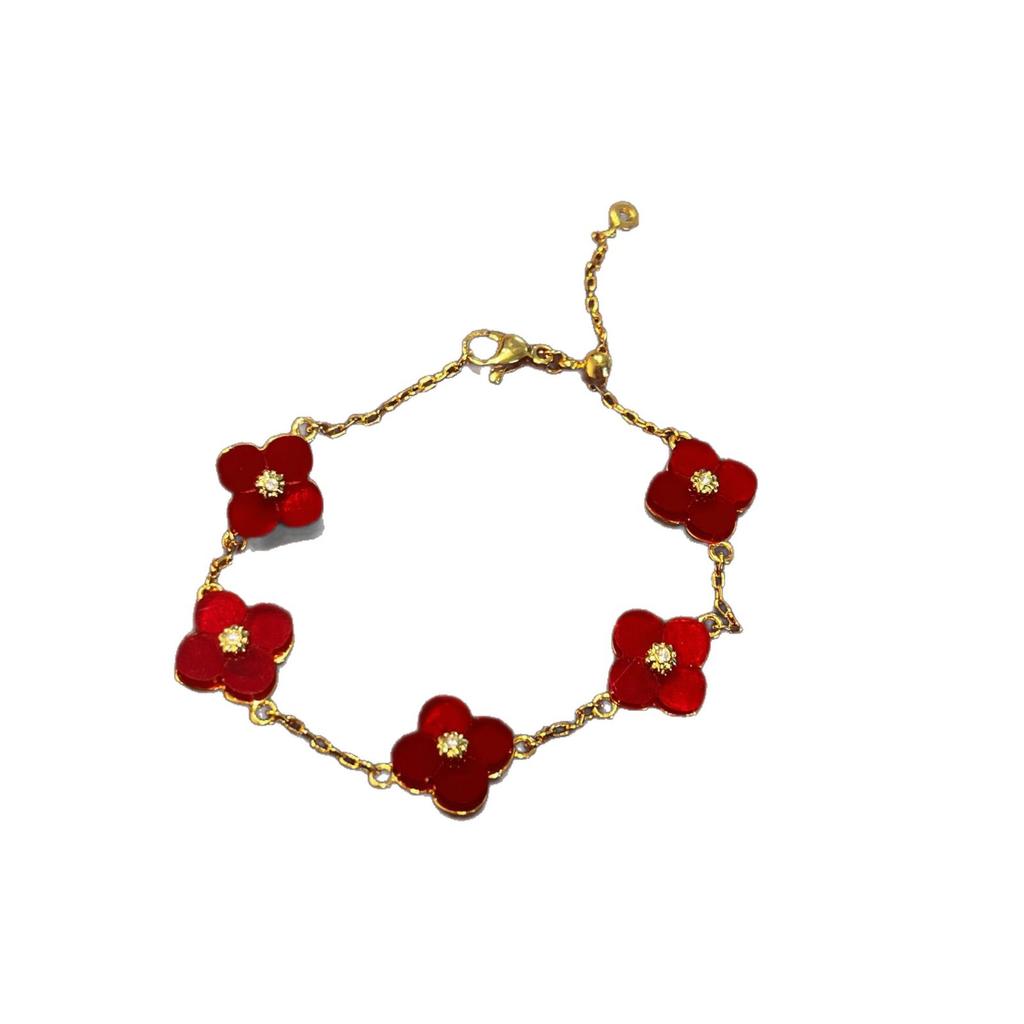 Französisches Retro Vierblättriges Kleeblatt Imitation Rotes Pferdequaste Halskette Fünf-Blumen-Armband Blume Temperament High-End Leichter Luxus Set