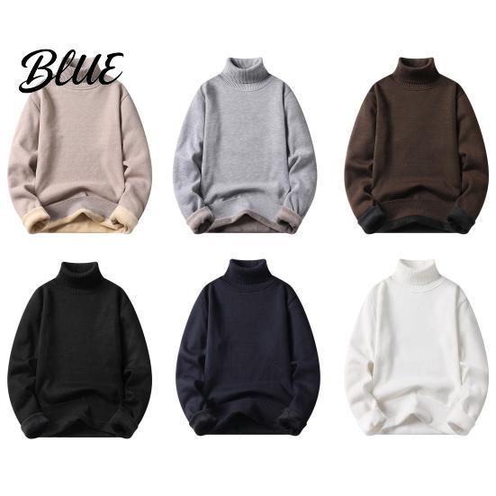 Solid Color Men Slim Fit Long Sleeve Winter Turtleneck Sweater Autumn Tight Plush Fleece Lining