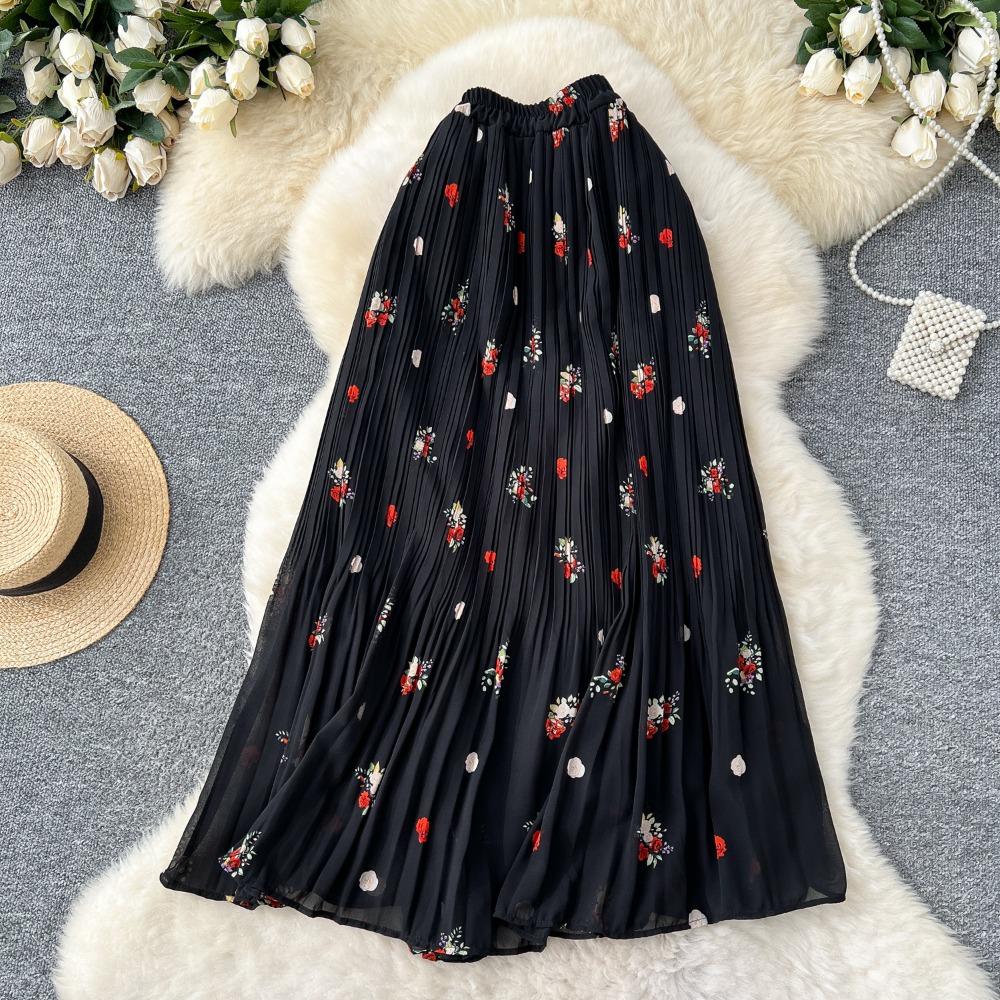 Women s High Waist Floral Chiffon Pleated Maxi Skirt A-Line Flowy Skirt for Summer Daily Wear One size fits all чёрный
